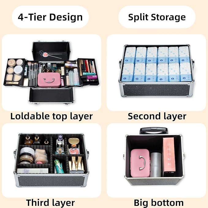 Makeup Rolling Train Case - Professional Cosmetics Organizer with Aluminum Frame, Folding Trays & Wheels, Portable for Travel & Studio (Black Diamond)