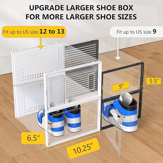 Secret Space 12 Pack XX Large Shoe Storage Organizer for Closet, Modular Space Saving Shoe Boxes Clear Plastic Stackable Containers Display Case Bins with Lids, Shoe Rack for Sneaker Storage, White