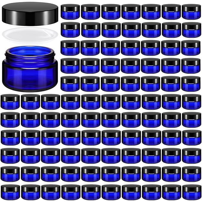 Domensi 100 Pcs 1 oz Glass Jars with Lids Bulk Round Glass Cosmetic Jars for DIY Lip Balm Small Travel Containers with Inner Liner for Lotions Powders Ointments Sample Cream(Cobalt Blue, Black)