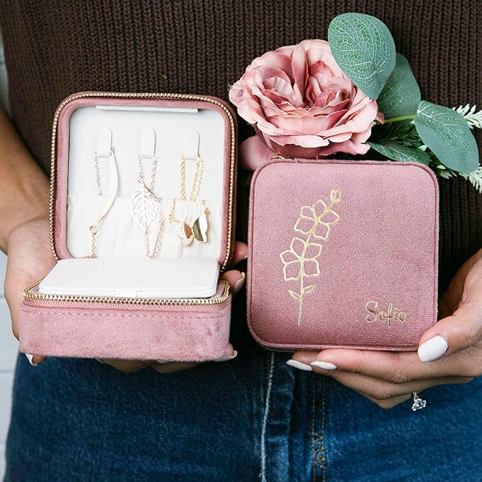 Customizable Compact Velvet Jewelry Box with Mirror, Travel Jewelry Case, Travel Jewelry Organizer, Jewelry Box for Women and Girls, Small Jewelry Organizer (Flower Design, Nude Pink)