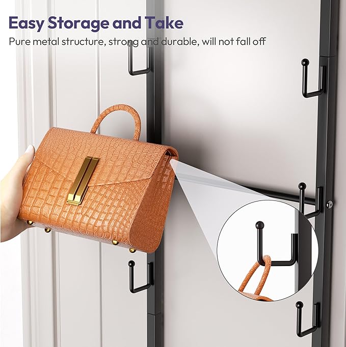 SWTYMIKI Over The Door Purse Organizer - Wall Mounted Purse Rack with 10 Hooks and Metal Basket, Hanging Handbag Storage Organizer Holds up to 10 Bags, Bag Rack Can Use As 1/2 Part, for Door, Closet