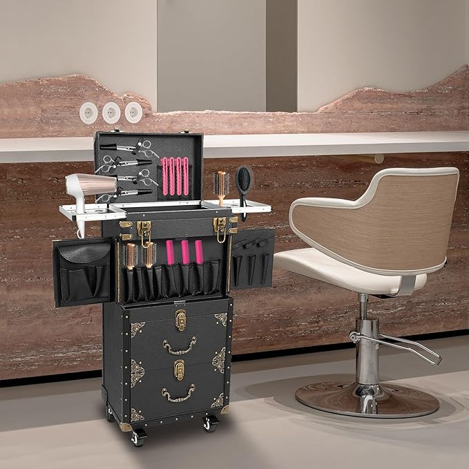 Rolling Makeup Train Case, Hairdressing Trolley Stylist Beauty Salon Cosmetic Luggage, Travel Organizer Tool Box with Hair Dryer Holder, Lockable Travel Makeup Trolley (Style 4)