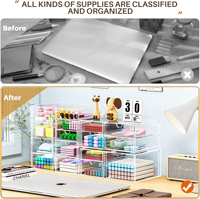 Makeup Organizer Storage with 16 Drawers, 4 Pcs Desktop Office Supplies, Desk Organizers, Clear Accessories, Dustproof Storage Drawer and for Make Up, Jewelry, Pen, Stationary