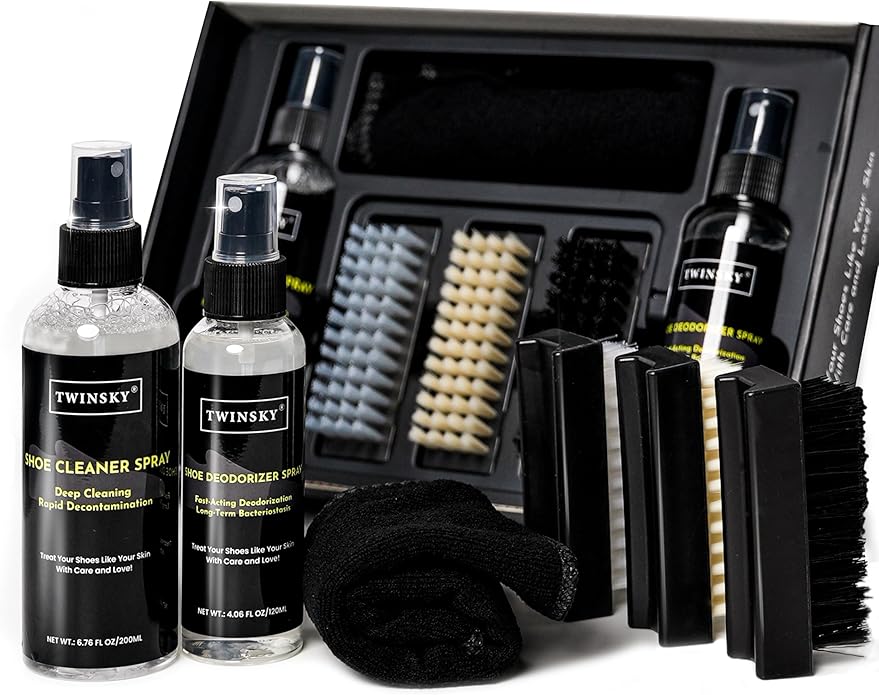 Shoe Cleaner Kit for Sneaker, Canvas, Mesh, Nubuck, Leather, Suede Cleaner, Safe 10X Potent Cleaning Kit, with Shoe Deodorizer Formula Spray for Shoe Odor Elimination, 3 Brushes, Microfiber