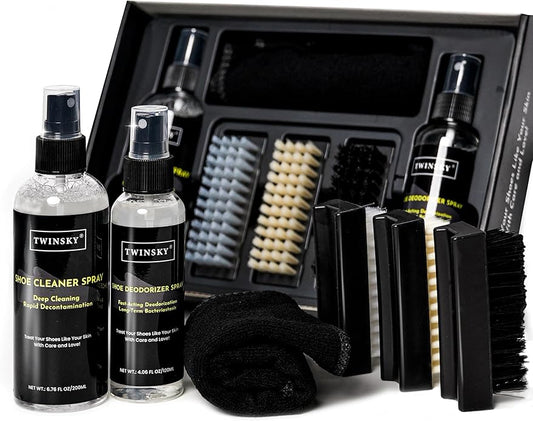 Shoe Cleaner Kit for Sneaker, Canvas, Mesh, Nubuck, Leather, Suede Cleaner, Safe 10X Potent Cleaning Kit, with Shoe Deodorizer Formula Spray for Shoe Odor Elimination, 3 Brushes, Microfiber