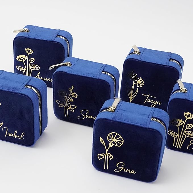 Customizable Compact Velvet Jewelry Box with Mirror, Travel Jewelry Case, Travel Jewelry Organizer, Jewelry Box for Women and Girls, Small Jewelry Organizer (Flower Design, Winter Blue)