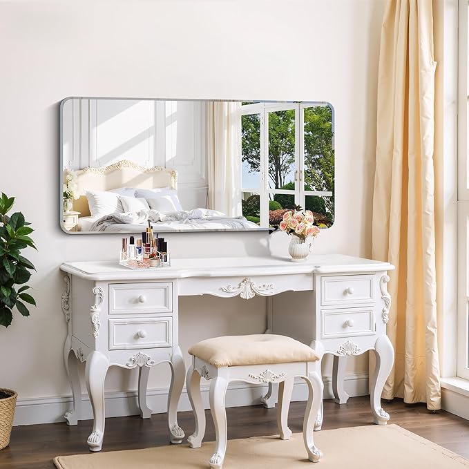 CILIBER Frameless Mirror, 24x48 Beveled Bathroom Mirror Rounded Corner, Frameless Wall Mirror Shatterproof Tempered Glass Lightweight Design for Bedroom Living Room Entryway