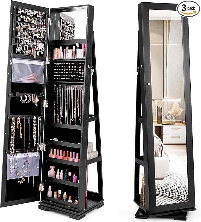 360° Swivel LED Mirror Jewelry Cabinet with Full Length Mirror, Lockable Floor Standing Mirrored Jewelry Armoire Organizer w/Inside Makeup Mirror & Back Storage Shelves, Space-Saving (Black)