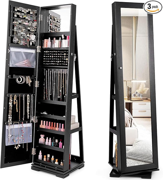 360° Swivel LED Mirror Jewelry Cabinet with Full Length Mirror, Lockable Floor Standing Mirrored Jewelry Armoire Organizer w/Inside Makeup Mirror & Back Storage Shelves, Space-Saving (Black)