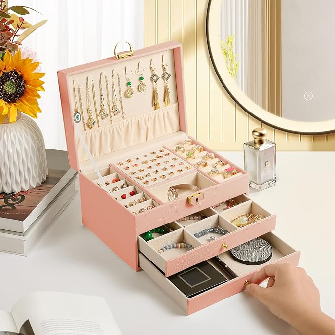 3 Layer Jewelry Box, Jewelry Holder with Lockable Drawer, Large Jewelry Boxes & Organizer with Velvet Earring Holder, Gifts for Mom Women
