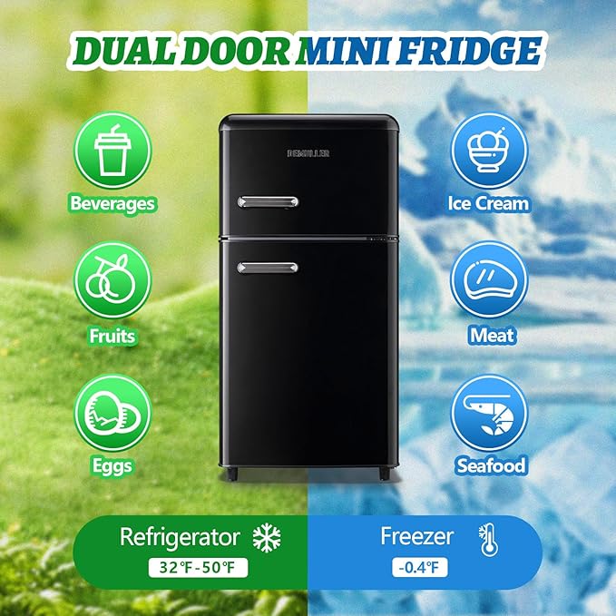 Small Refrigerator with Top Freezer 100Liter Retro Mini Fridge with Adjustable Glass Shelving, 7 Temperature Control and LED Lighting, Retro Black