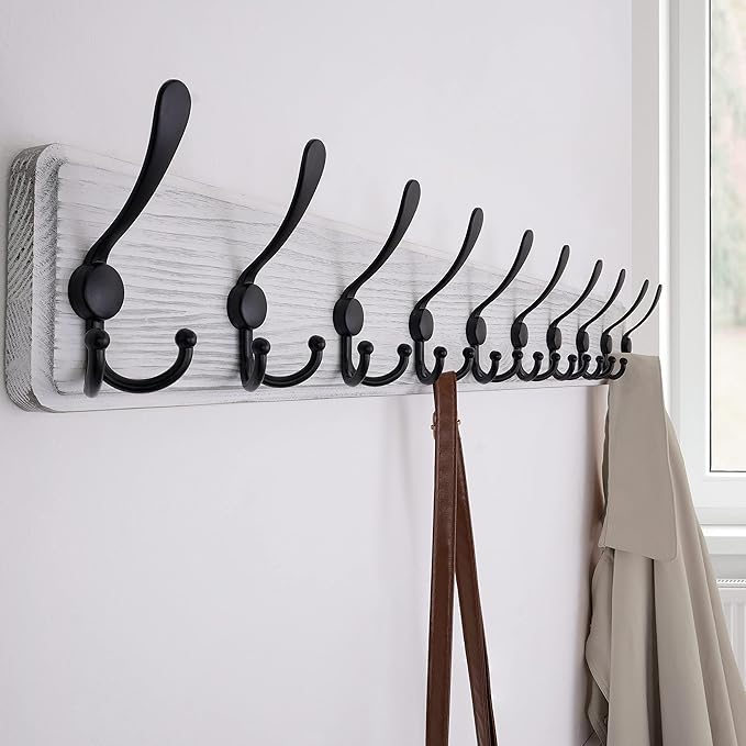 SKOLOO Coat Rack Wall Mounted - 38.3'' Long, Wooden, Heavy Duty, Rustic Coat Hooks for Wall, Wall Coat Rack with 10 Triple Hooks for Hanging Clothes, Jacket, Hat(Weathered White)