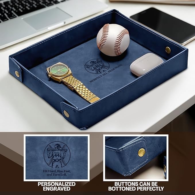 Engraved Baseball Valet Tray–Personalized Leather Catchall with Custom Name–Men’s Nightstand Organizer for Keys, Wallet, Jewelry, and Essentials – Unique Baseball Fan Gift for Home or Office - Blue