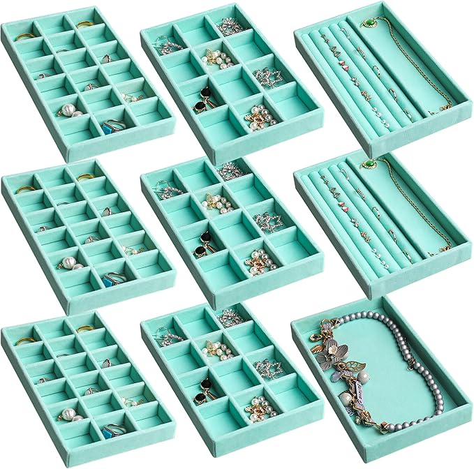 Frebeauty Jewelry Organizer Tray,Stackable Velvet Jewelry Trays,Drawer Inserts Earring Organizer For Women Jewelry Storage Display Case for Rings Stud Necklaces,8.3 x 4.9 x 1 Inches (Turquoise)