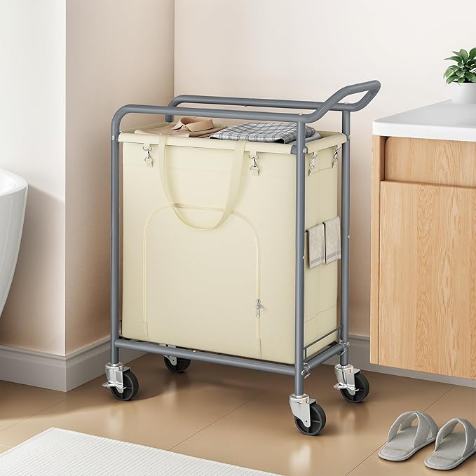 Laundry Basket with Wheels,114L Large Rolling Laundry Hamper, Heavy-Duty Laundry Cart Sturdy Metal Frame with Handle, Minimizes Bending Easy Access Clothing for Bedroom, Bathroom, Laundry Room (Beige)