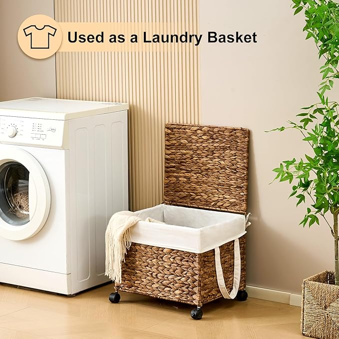 Laundry Hamper with Lid, Large Capacity Woven Natural Water Hyacinth Laundry Sorter with Removable Liners, Rolling or Non-Slip Design for Bedroom (Espresso, 60L)