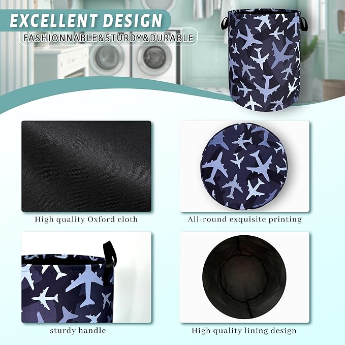 Plane Laundry Hamper Foldable With Handles Colorful Tote Bag Universal Oxford Cloth Blue Funny Laundry Basket Clothes Toy Storage Bucket 18.9" x 16.5" For Bathroom/Laundry/Bedroom