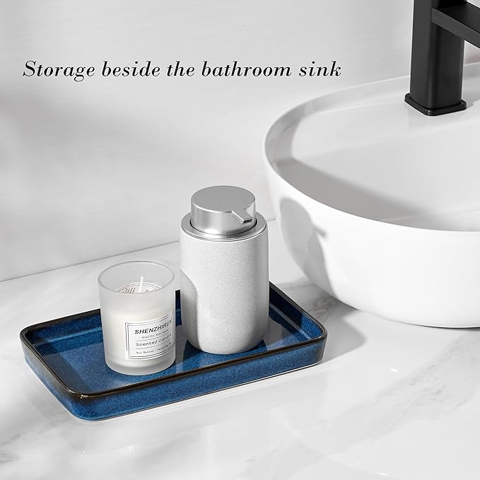 10"×6"×1" Bathroom Vanity Tray for Countertop- Ceramic Decorative Organizer Tray for Dresser Tops, Toilet, Perfume, Sponge Holder Soap Dish Dispenser for Kitchen Counter- Kiln-Transformed Blue