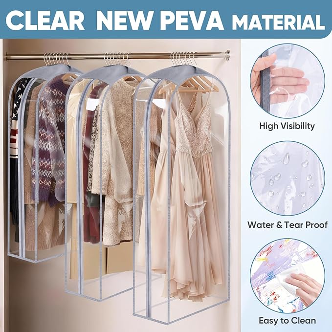 BALEINE 50'' Clear Garment Bags for Hanging Clothes, 10.5'' Wide PEVA Suit Bag for Closet Clothes Dresses Coat (Clear, 3PK)