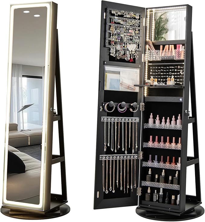 CHARMAID 360° Rotating Jewelry Armoire with LED Lighted Full Length Mirror & Built-in Vanity Mirror, Lockable Standing Jewelry Cabinet with Lights, Large Storage Organizer for Jewelry (Black)