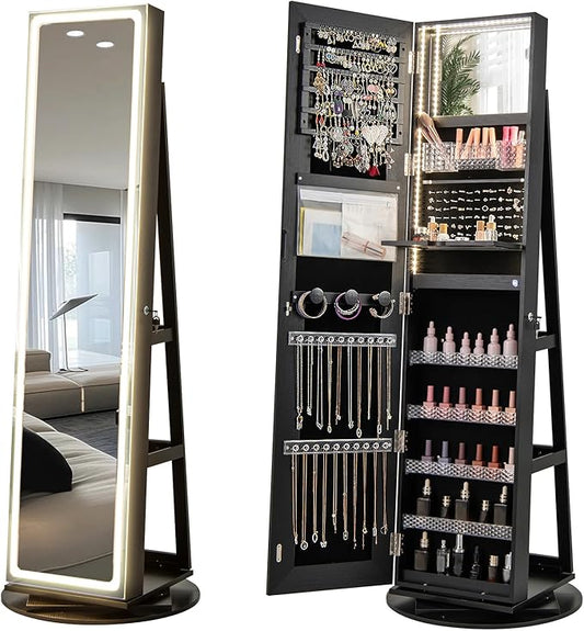 CHARMAID 360° Rotating Jewelry Armoire with LED Lighted Full Length Mirror & Built-in Vanity Mirror, Lockable Standing Jewelry Cabinet with Lights, Large Storage Organizer for Jewelry (Black)