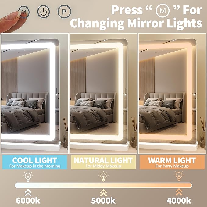 FENNIO 23" x 18" Vanity Mirror with Lights，LED Makeup Mirror，Hollywood Mirror with 3 Color Modes & Adjustable Brightness，Vanity Mirror White