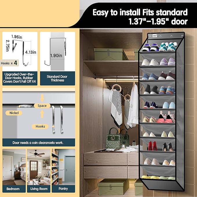 10 Tier Over The Door Organizer - Heavy Duty Hanging Storage Rack with Sturdy Oxford Fabric, Holds 20+ Pairs of Footwear, Boots & Sneakers, Saves 50% Closet Space (Gray)