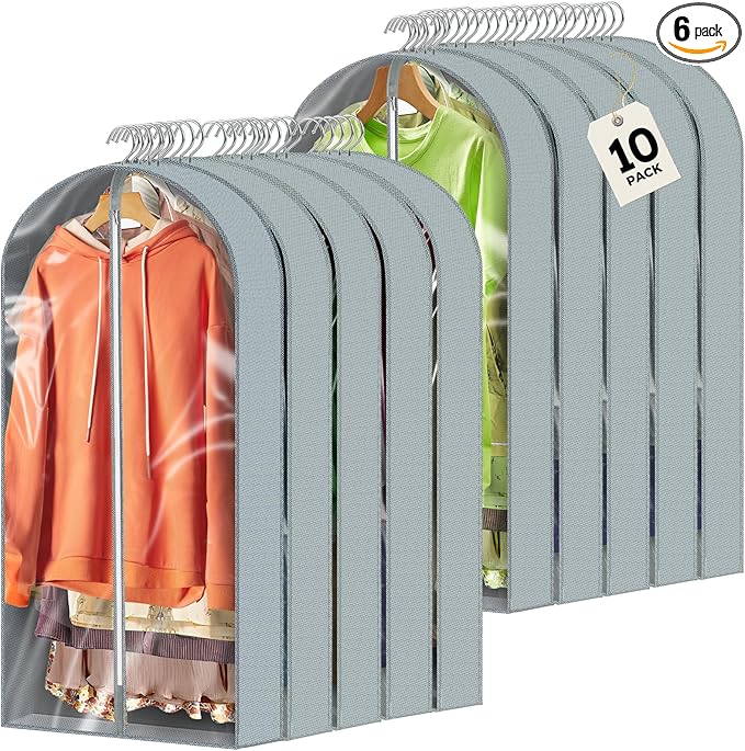 10 Pcs 40" Garment Bags for Hanging Clothes, Clear Suit Bags for Closet Storage Clothing Storage, Garment Bags Shoulder Covers with 4" Gussets for Coats, Jackets, Shirts and Sweater