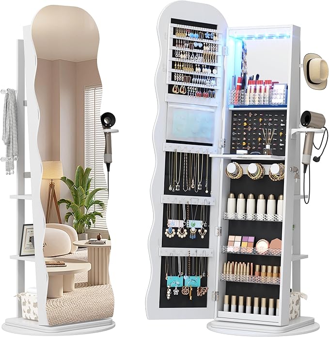 Vlsrka 360° Swivel Jewelry Aromire with Wavy Mirror, Lockable Jewelry Organizer Mirror Full Length, Rotatable Standing Mirror with Storage, Jewelry Cabinet, Interior Mirror, Flodable Shelf, White