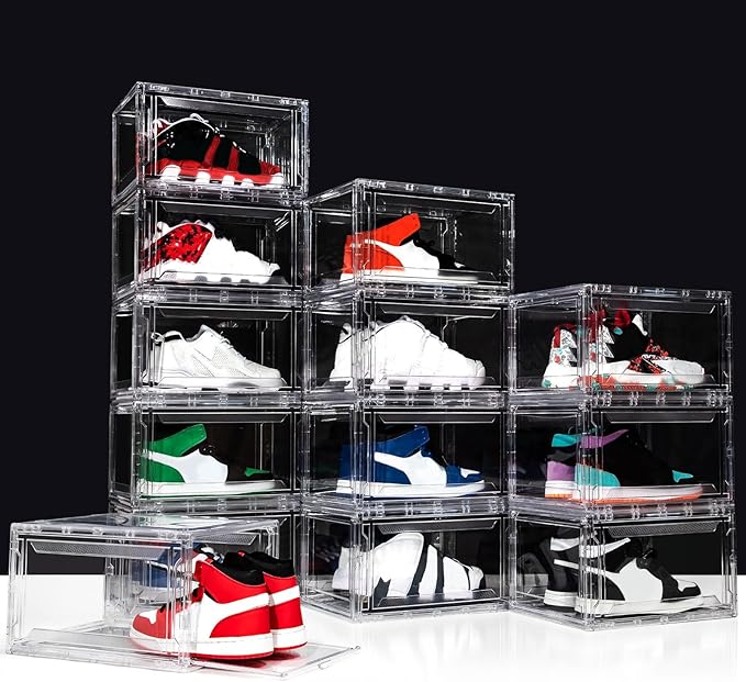 Upgraded 12 Pack Shoe Box,Acrylic Clear Shoe Boxes,Drop Front Shoe Storage Box,Clear Plastic Stackable Sneaker Box,Shoe Containers,Shoe Display Case,Sneaker Storage,Fits Up to Size 15