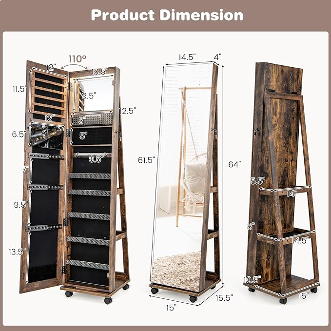 CHARMAID Jewelry Cabinet Armoire with Wheels, 64" H Full Length Mirror, 3-Color LED Lights, Height Adjustable Shelves, Lockable Standing Jewelry Organizer with Back Storage Shelves (Rustic Brown)