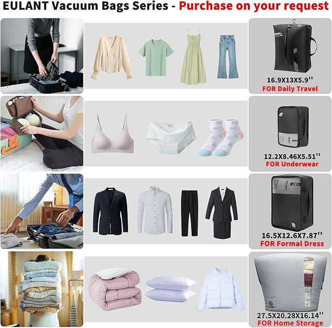 Eulant 4 Set Vacuum Packing Bags for Travel,Professional IPX8 Zip Packing Organizer for Suitcases Backpack,Space Saver Bags Packing Organizers for Clothing Packing