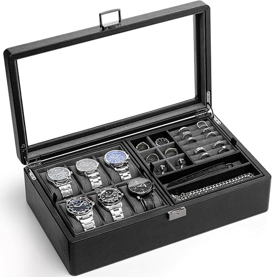 Vlando 6-Slot Watch Box Organize, Lockable Watch Case with Textured Leather, 2 Layer Watch Holder for Rings, Bracelets, Glasses, Glass Lid, Removable Divider, Gift for Fathers, Husband, Friend, Grey