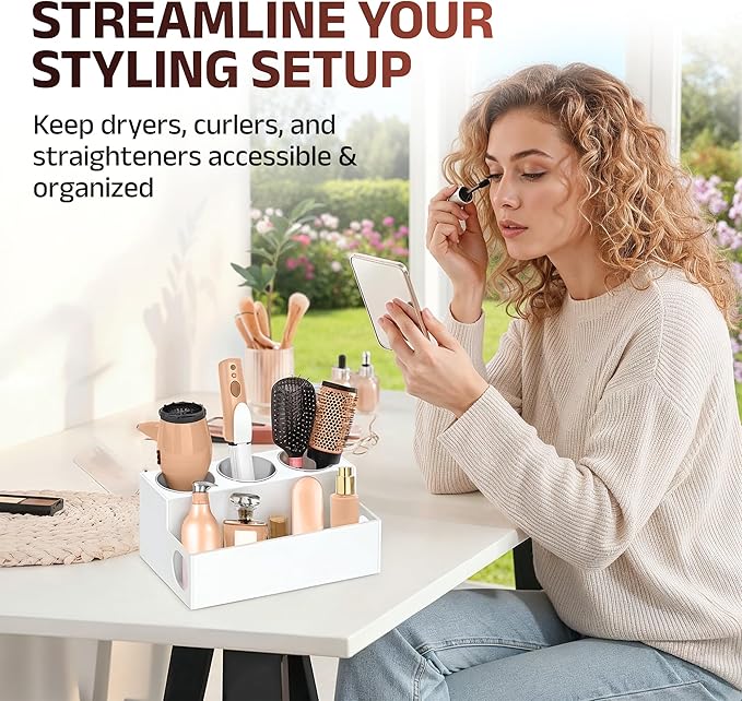 Casavita White Hair Tool Organizer with Heat-Resistant Mat - Durable Acrylic Makeup Organizer Countertop for Blow Dryers, Flat/Curling Irons, & Toiletries - Stainless Steel Cups, Cord Management