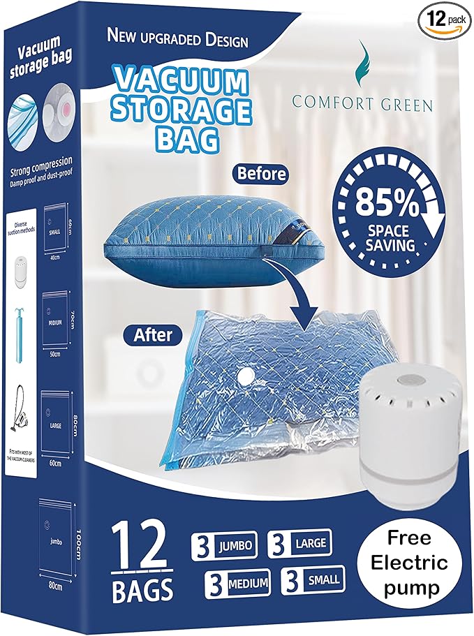 12 Pack Reuseable Vacuum Storage Bags with Electric Pump, Vacuum Seal Space Saver Bags for Clothing, Travel, Blanket, Bedding, Moving Home, and Organisation (3 Jumbo, 3 Large, 3 Medium, 3 Small)