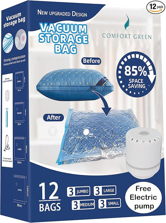 12 Pack Reuseable Vacuum Storage Bags with Electric Pump, Vacuum Seal Space Saver Bags for Clothing, Travel, Blanket, Bedding, Moving Home, and Organisation (3 Jumbo, 3 Large, 3 Medium, 3 Small)