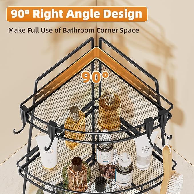 VITVITI 3 Tier Corner Bathroom Counter Organizer, Metal Bathroom Countertop Organizer Shelf Storage, Bath Room Sink Makeup Organizers for Vanity Skincare with Hooks, Black