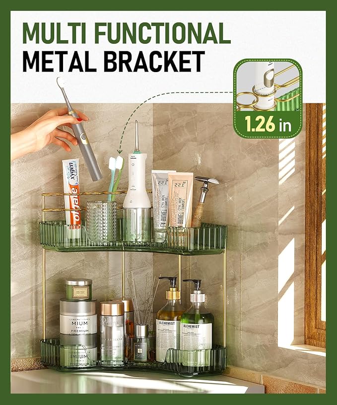 2-Tier Corner Bathroom Counter Organizer Makeup Cosmetic Storage, Tool-Free Installation Acrylic Vanity Shelf, Skin Care Organizer Perfume Tray for Countertop Bathroom, Dresser, Kitchen (Green)