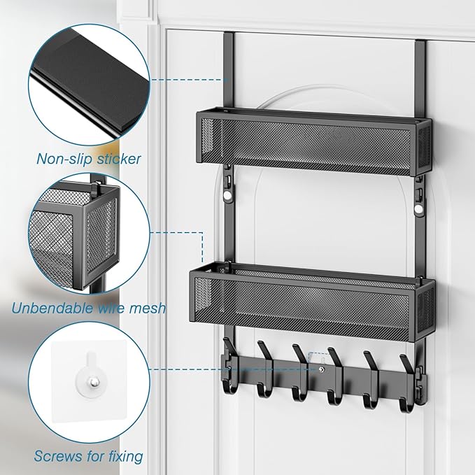 Over The Door Hooks Organizer, Over The Door Towel Rack with 12 Coat Hooks and 2 Mesh Basket, Bathroom Door Organizer Back of Door Hanger Organizer for Bedroom, Kitchen(Black)