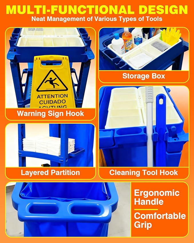 PYY Janitorial Cart - 3-Shelf & 2 Bins Cleaning Carts On Wheels, Smooth Swivel Caster, 65L Collection Bag, 300LBS Load Capacity, Sturdy Cleaning Cart for Housekeeping, Janatorial Cleaning (Blue)