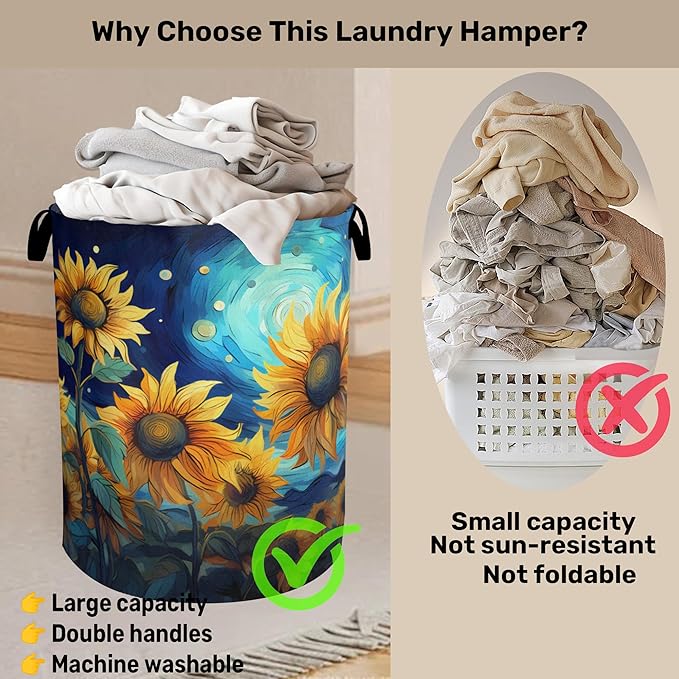 Starry Sky Sunflower Laundry Basket - Heavy Duty 60L Dirty Clothes Organizer, Water Resistant Foldable Hamper for Men Women