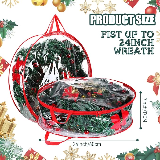 Shappy 6 Pieces Clear Christmas Wreath Storage Container 24 Inches Xmas Wreath Storage Bag Plastic Christmas Garland Container with Dual Zippers and Reinforced Handles for Xmas Seasonal (Red)