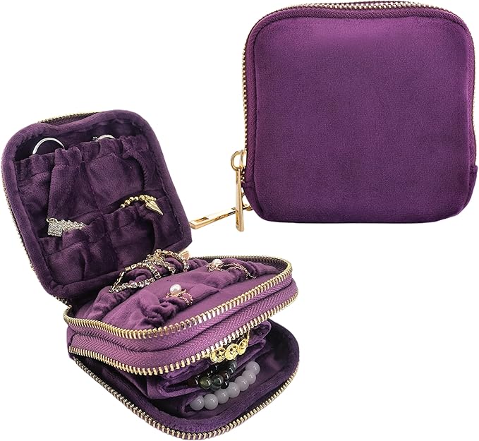 Travel Jewelry Organizer Case, Lisse Velvet 2-Layer Pouch, 11-Pocket for Necklaces, Bracelets, Earrings & Rings, Anti-Tangle Scratch-Resistant Small Jewelry Bag, Elegant Gift (Plum Purple)