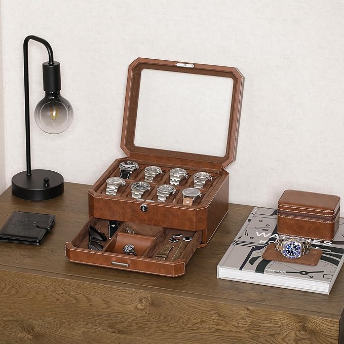 ROTHWELL 8 Slot Leather Watch Box with Valet Drawer - Luxury Case Display Jewelry Organizer, Locking Display Case Holder, Real Glass Top - Watch Box Organizer for Men & Women (Tan/Brown)