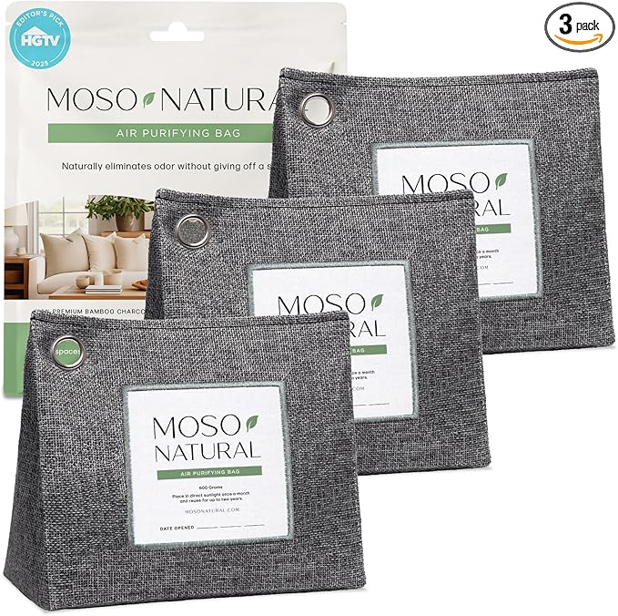 Moso Natural Air Purifying Bag 600g (3 Pack) Premium Bamboo Charcoal Odor Absorber | Pet Odor Eliminator for Home | Room Deodorizer for Large Spaces, Bedroom, Kitchen, Basement | Charcoal Bags