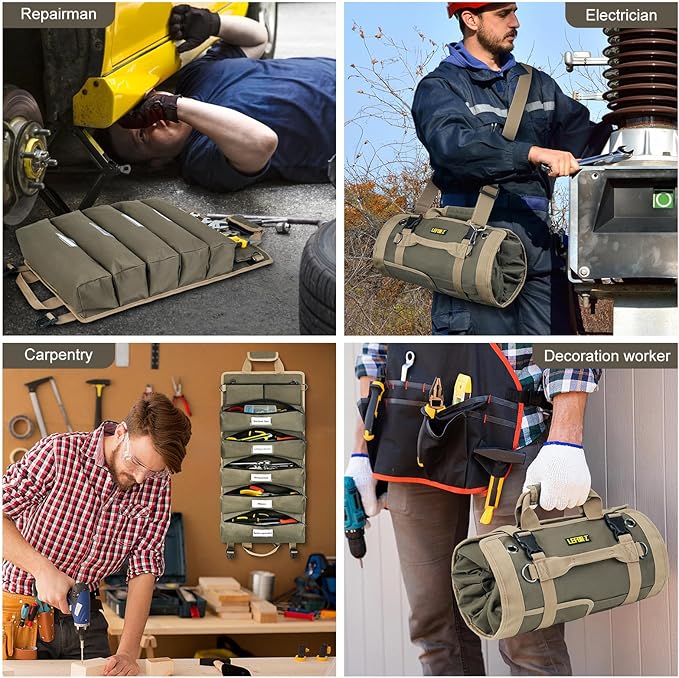 Tool Bag,Large Roll Up Tool Bag Organizer,13 Pockets Tool Roll Storage Pouch,Heavy Duty Portable Tool Storage Carrier Bag for Men,Mechanic,Electrician & Hobbyist,Olive Green