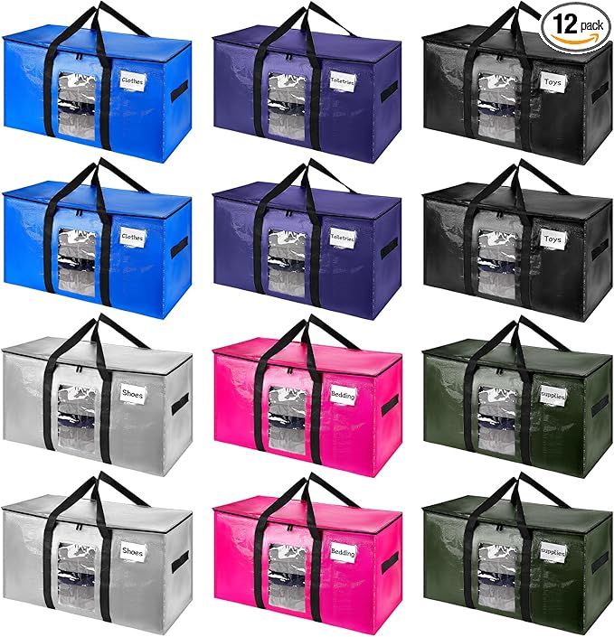 12 Pack Extra Large Moving Bags,Christmas Decoration Storage Bins,37Gallon Heavy Duty Storage Totes with Visible Window & Tag Pocket,Moving Boxes Alternative,Packing Bags For Dorm Closet RV(Blue)