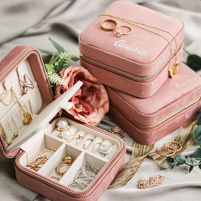 Customizable Compact Velvet Jewelry Box with Mirror, Travel Jewelry Case, Travel Jewelry Organizer, Jewelry Box for Women and Girls, Small Jewelry Organizer (Bottom Right Text, Nude Pink)