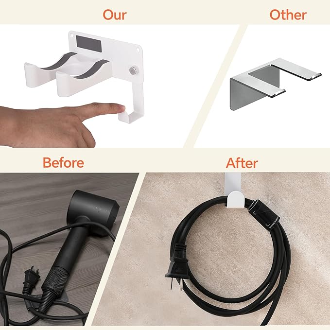 Dyson Hair Dryer Holder, Blow Dryer Holder Self Adhesive Hair Dryer Holder Wall Mounted Aluminum Hair Tool Organizer Blow Dryer Holder for Bathroom White CHOCHYAH