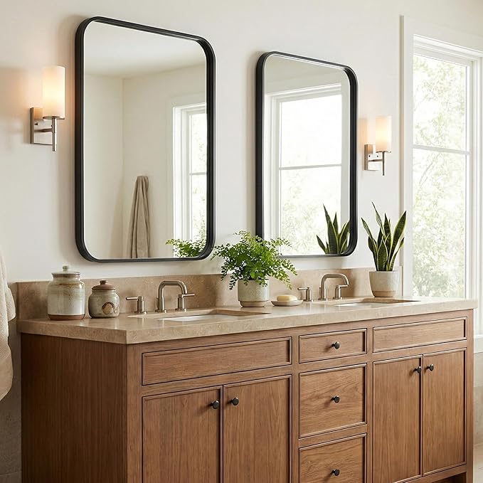 2 Pack Bathroom Mirrors for Over Sink, 24"x30" Matte Black Framed Vanity Mirror, Rounded Corner Rectangular Metal Mirror for Wall, Modern Farmhouse Industrial Decor